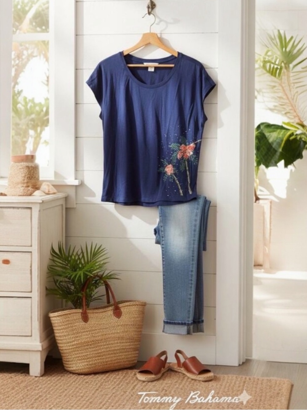 Tommy Bahama Palm Tree Graphic Tee XL Blue Tencel